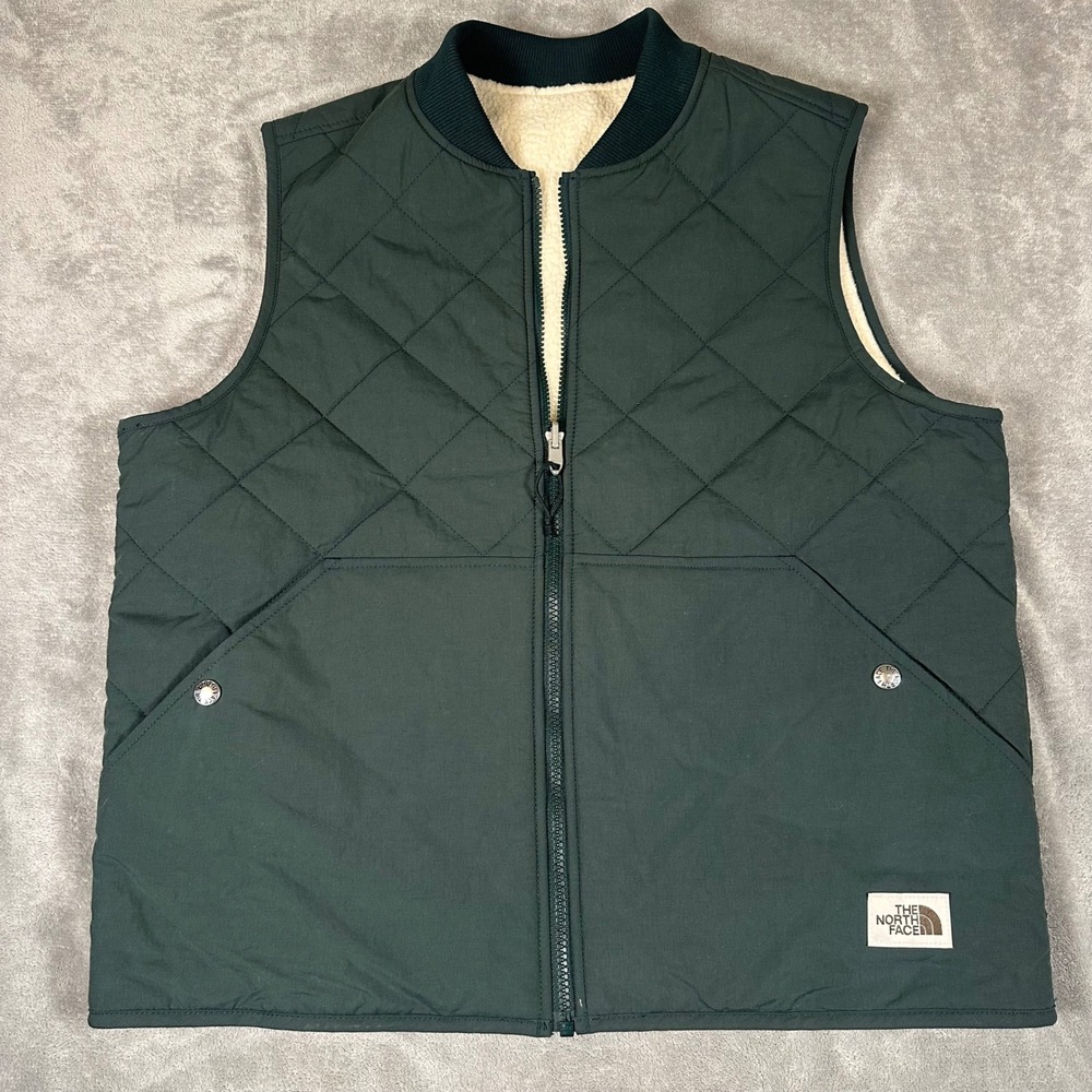 The North Face Jester Reversible Vest Green Quilted Sherpa Fleece Mens Medium